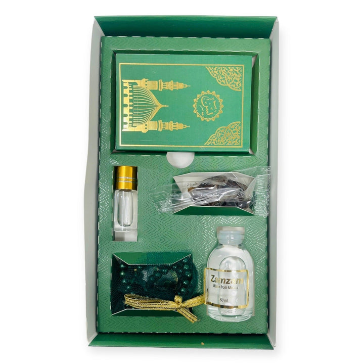 Islamic Gift Box Tasbeeh, Zamzam Water, Attar, Dates &Yaseen books Green-Theislamicshop.com