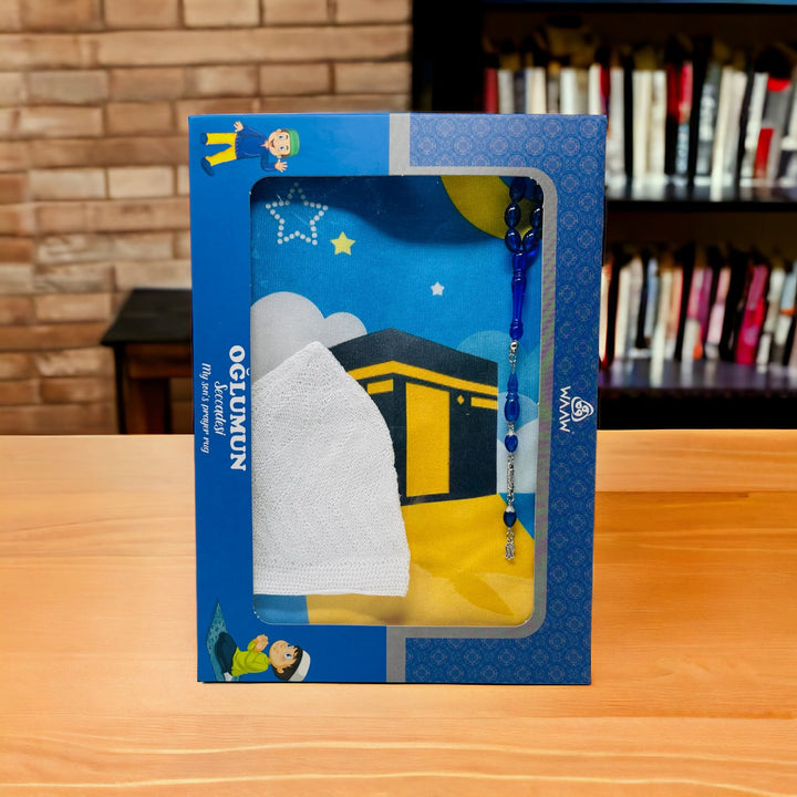 Children Gift Box With Prayer mat, Tasbeeh & Prayer Hat Blue-theislamicshop.com