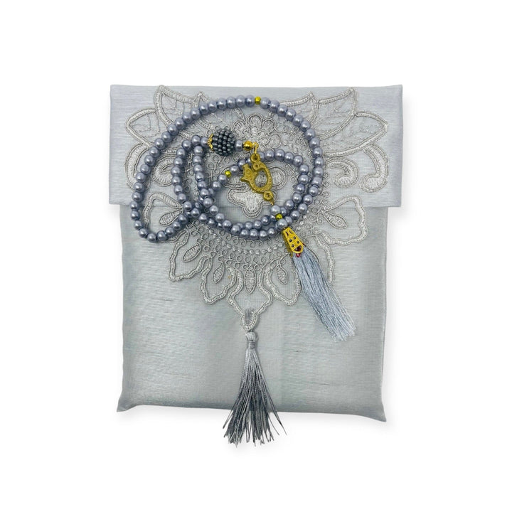 Lace Work Travel prayer mat With Tasbeeh Grey-TheIslamicshop.com