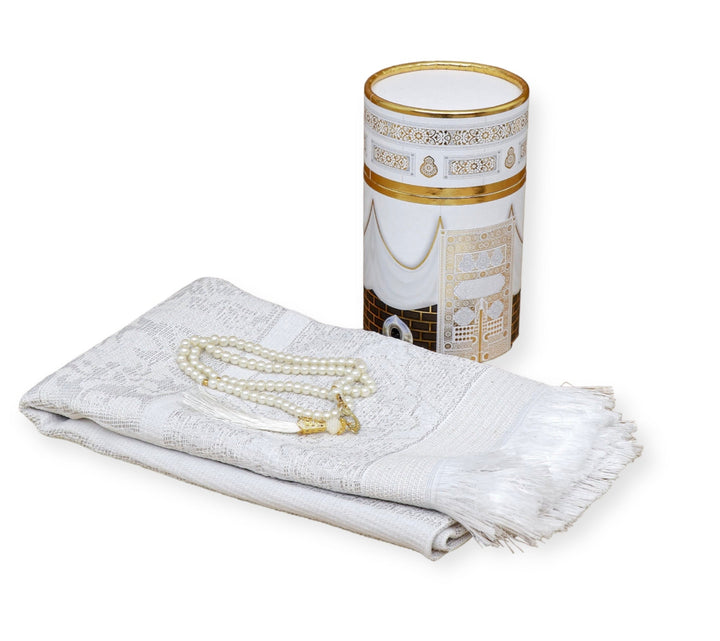 Cylinder Gift Box With Prayer mat, Tasbeeh white-theislamicshop.com