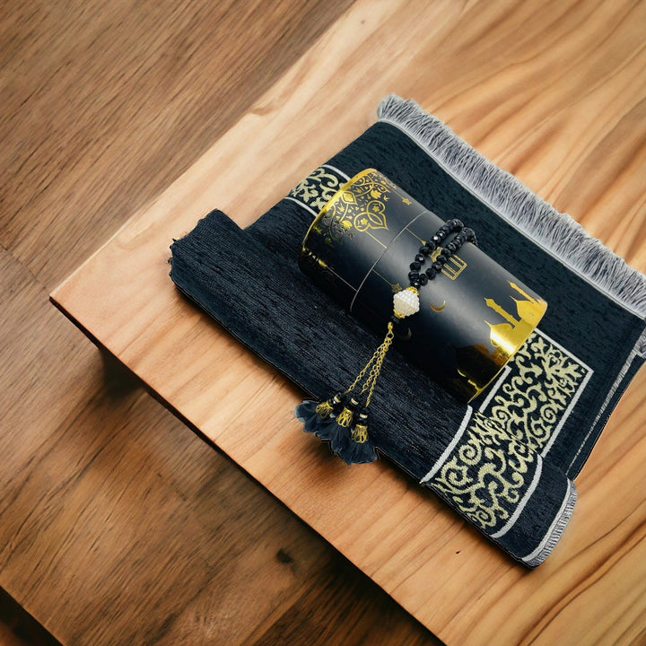 Cylinder Gift Box With Prayer mat, Tasbeeh Black-theislamicshop.com