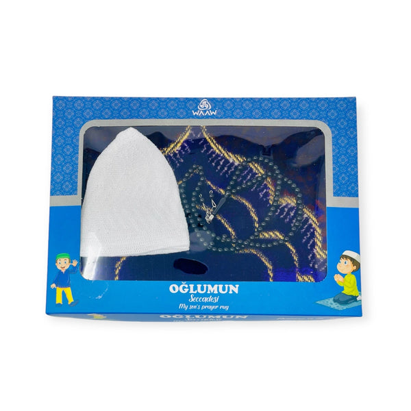 Children Gift Box With Prayer mat, Tasbeeh & Prayer Hat Blue-theislamicshop.com