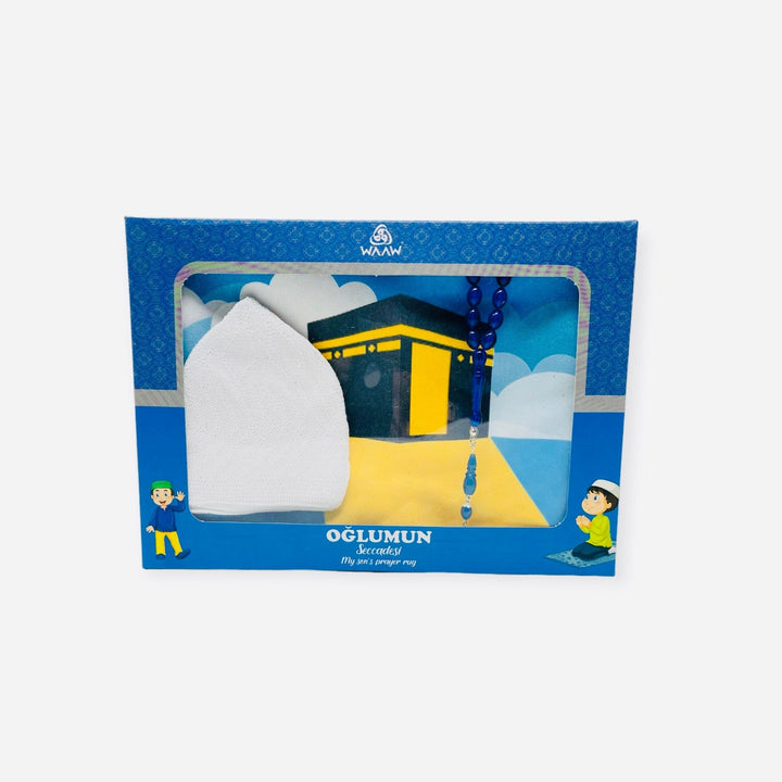 Children Gift Box With Prayer mat, Tasbeeh & Prayer Hat Blue-theislamicshop.com
