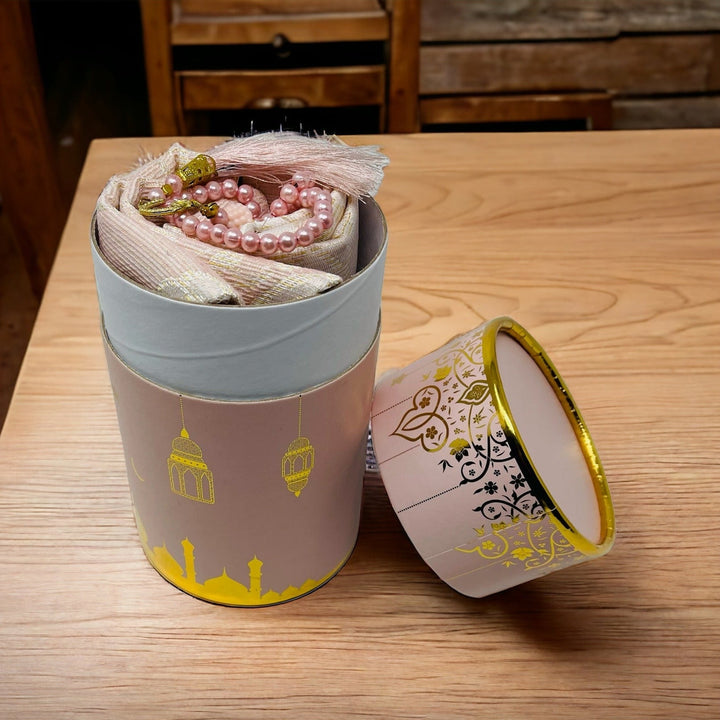 Cylinder Gift Box With Prayer mat, Tasbeeh Pink-theislamicshop.com