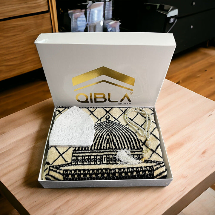 Masjid Aqsa design Prayer mat, Tasbeeh & Prayer Hat Gift Box-theislamicshop.com