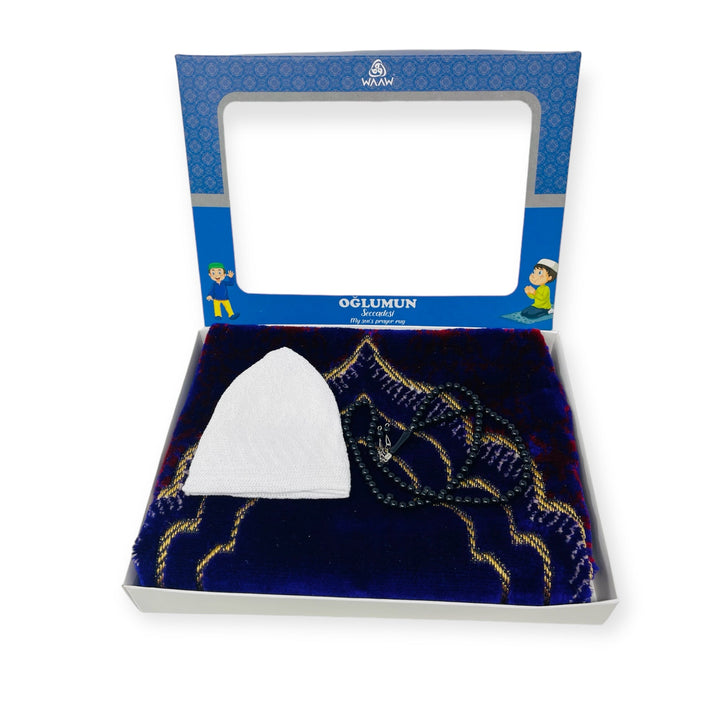 Children Gift Box With Prayer mat, Tasbeeh & Prayer Hat Blue-theislamicshop.com