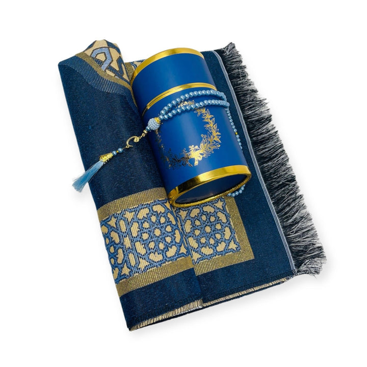 Cylinder Gift Box With Prayer mat, Tasbeeh Blue-theislamicshop.com