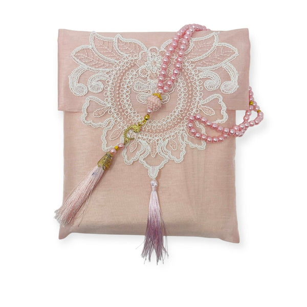 Lace Work Travel prayer mat With Tasbeeh Pink-TheIslamicshop.com