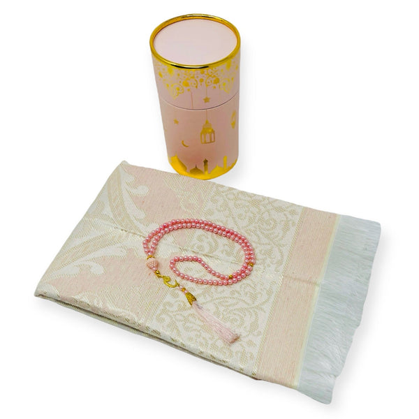 Cylinder Gift Box With Prayer mat, Tasbeeh Pink-theislamicshop.com