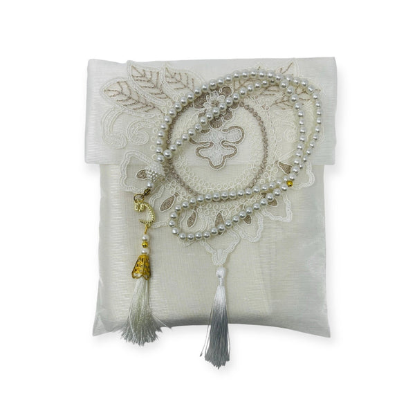 Lace Work Travel prayer mat With Tasbeeh White-TheIslamicshop.com