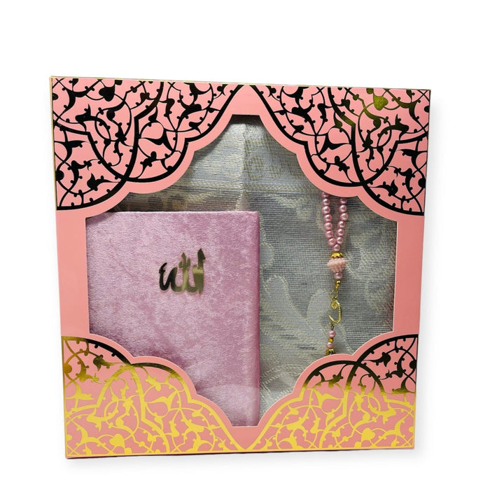 Islamic Gift set Prayer mat, Tasbeeh & Yaseen And Selected Surah Gift Box Pink-theislamicshop.com