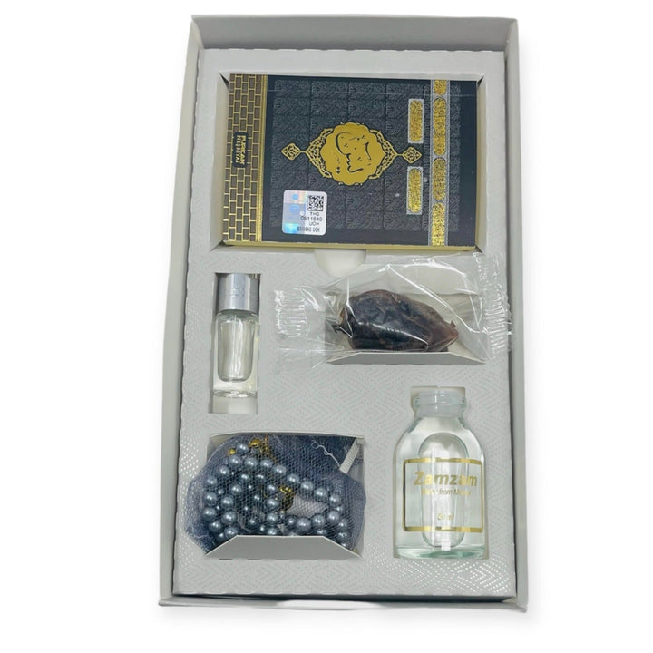 Islamic Gift Box Tasbeeh, Zamzam Water, Attar, Dates &Yaseen books Grey-Theislamicshop.com