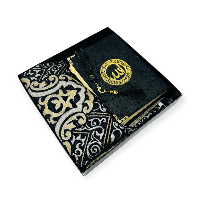 Prayer Rug Gift Box Set - With indo pak Quran & Prayer Beads Black-theislamicshop.com