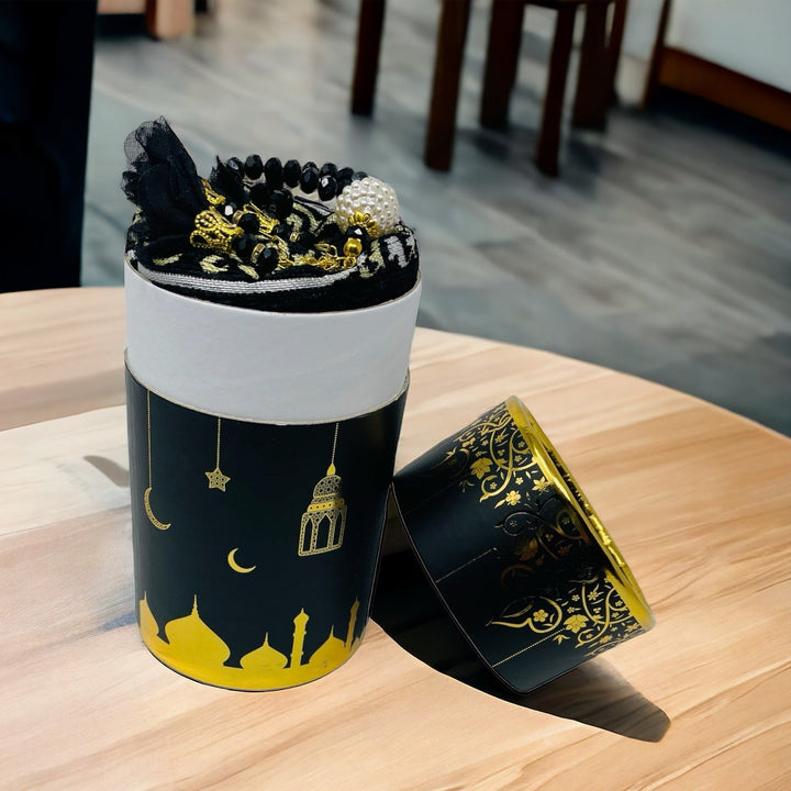 Cylinder Gift Box With Prayer mat, Tasbeeh Black-theislamicshop.com