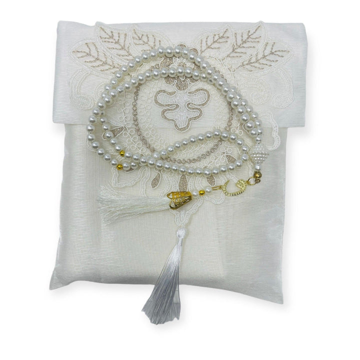 Lace Work Travel prayer mat With Tasbeeh White-TheIslamicshop.com