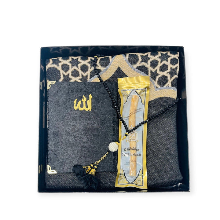 Islamic Gift set Prayer mat, Tasbeeh & Yaseen And Selected Surah Gift Box Black-theislamicshop.com