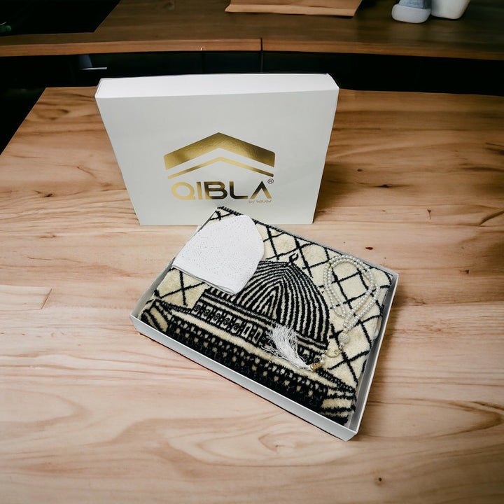 Masjid Aqsa design Prayer mat, Tasbeeh & Prayer Hat Gift Box-theislamicshop.com