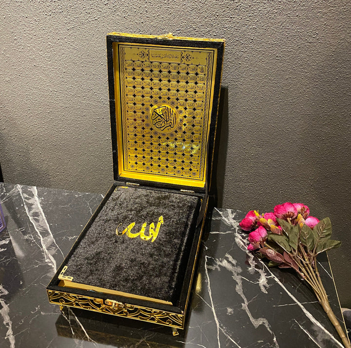 Velvet Wooden Box Quran, Quran Sets, Quran Arabic, Quran Islamic Gift Black-theislamicshop.com