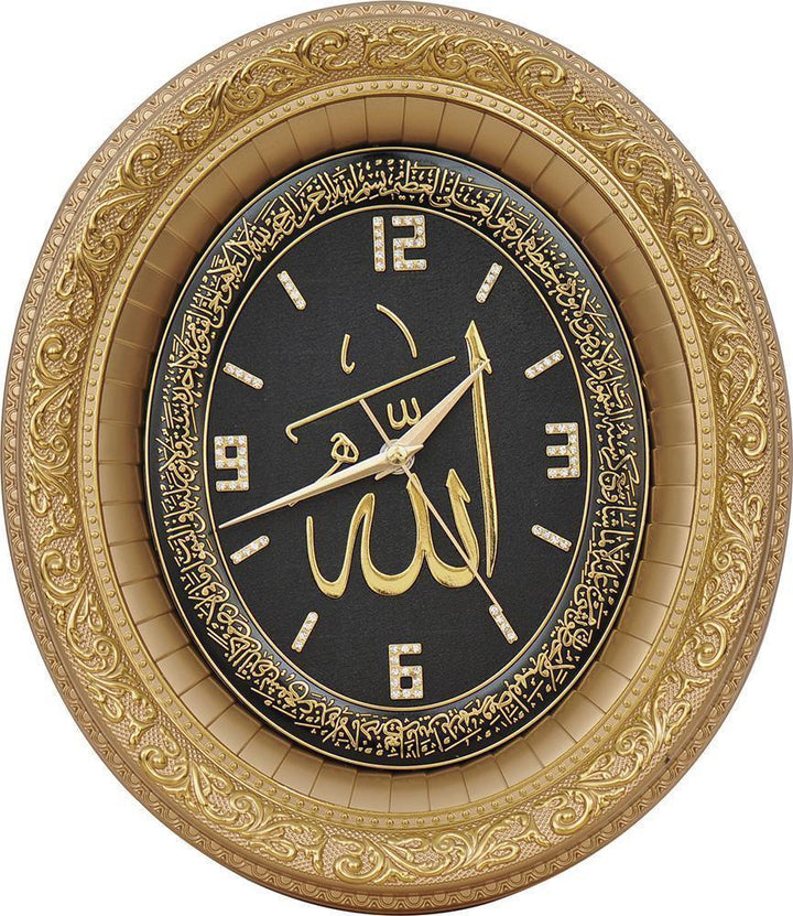 Gunes Islamic Oval Wall Clock Home Decor Allah Gold and Black 12.5 x 14.5in SA-0412 - Waaw