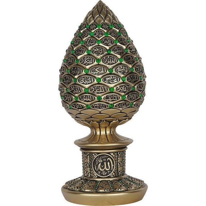 Islamic Table Decor Golden pine cone with green stones - 99 Names of Allah Alif collection - Waaw