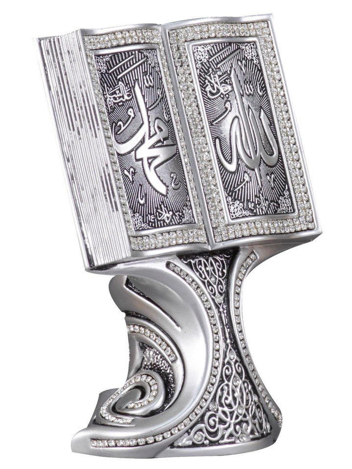 Islamic Table Decor Quran Open Book with Allah & Muhammad Gold/Silver/Pearl (Medium)-theislamicshop.com