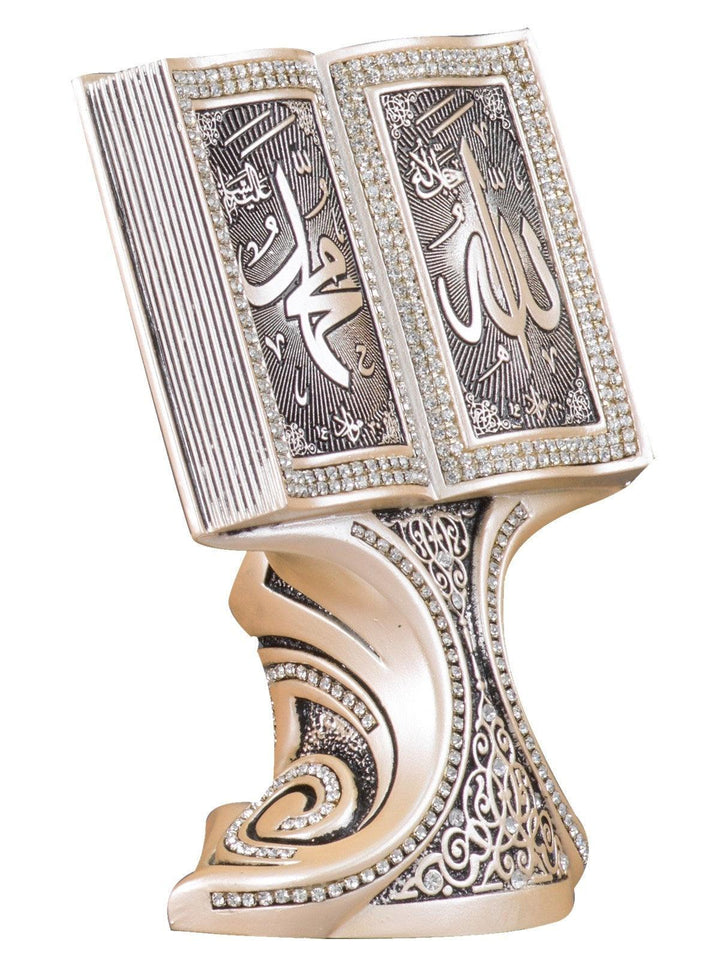 Islamic Table Decor Quran Open Book with Allah & Muhammad Gold/Silver/Pearl (Medium)-theislamicshop.com