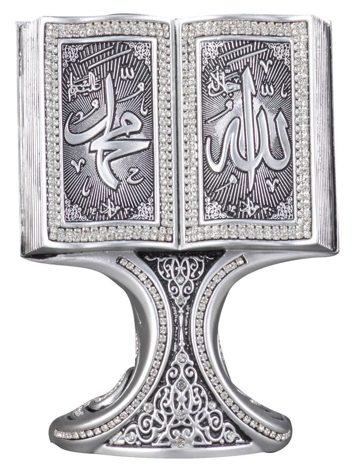 Islamic Table Decor Quran Open Book with Allah & Muhammad Gold/Silver/Pearl (Medium)-theislamicshop.com