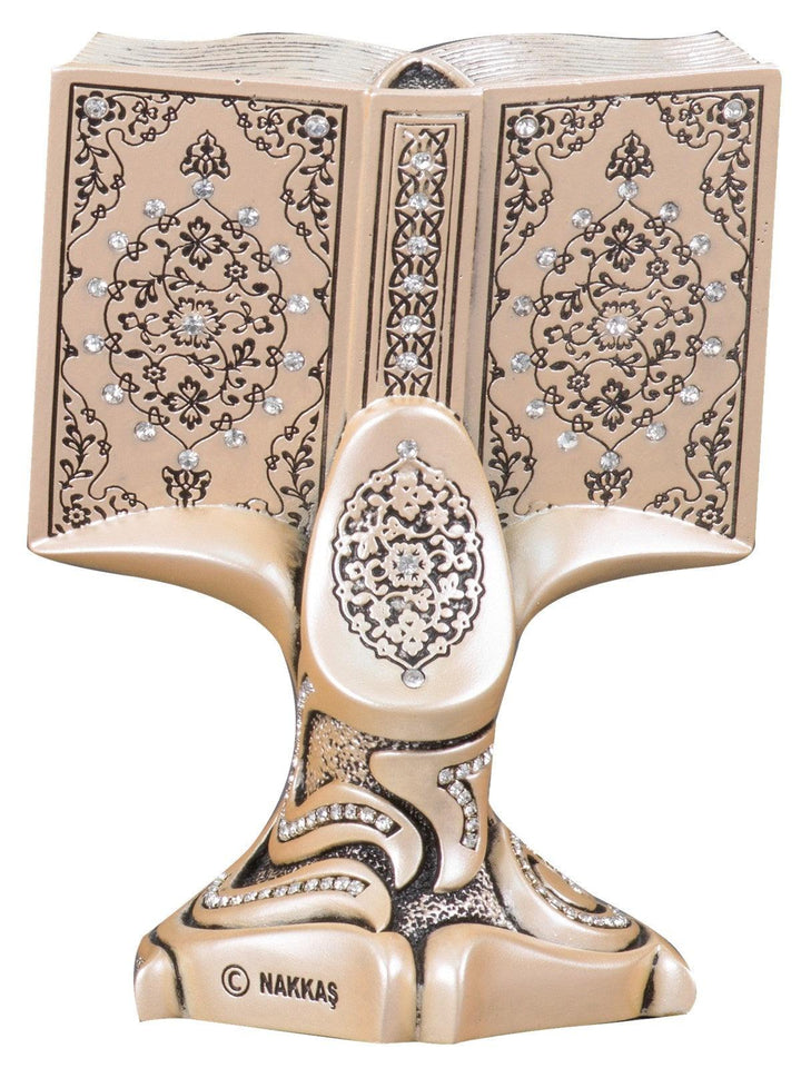 Islamic Table Decor Quran Open Book with Allah & Muhammad Gold/Silver/Pearl (Medium)-theislamicshop.com