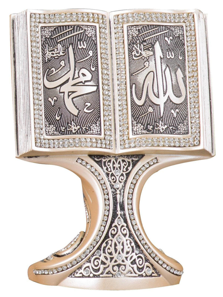 Islamic Table Decor Quran Open Book with Allah & Muhammad Gold/Silver/Pearl (Medium)-theislamicshop.com