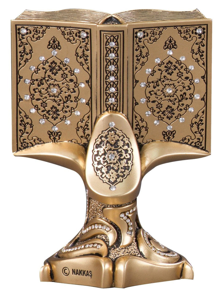 Islamic Table Decor Quran Open Book with Allah & Muhammad Gold/Silver/Pearl (Medium)-theislamicshop.com